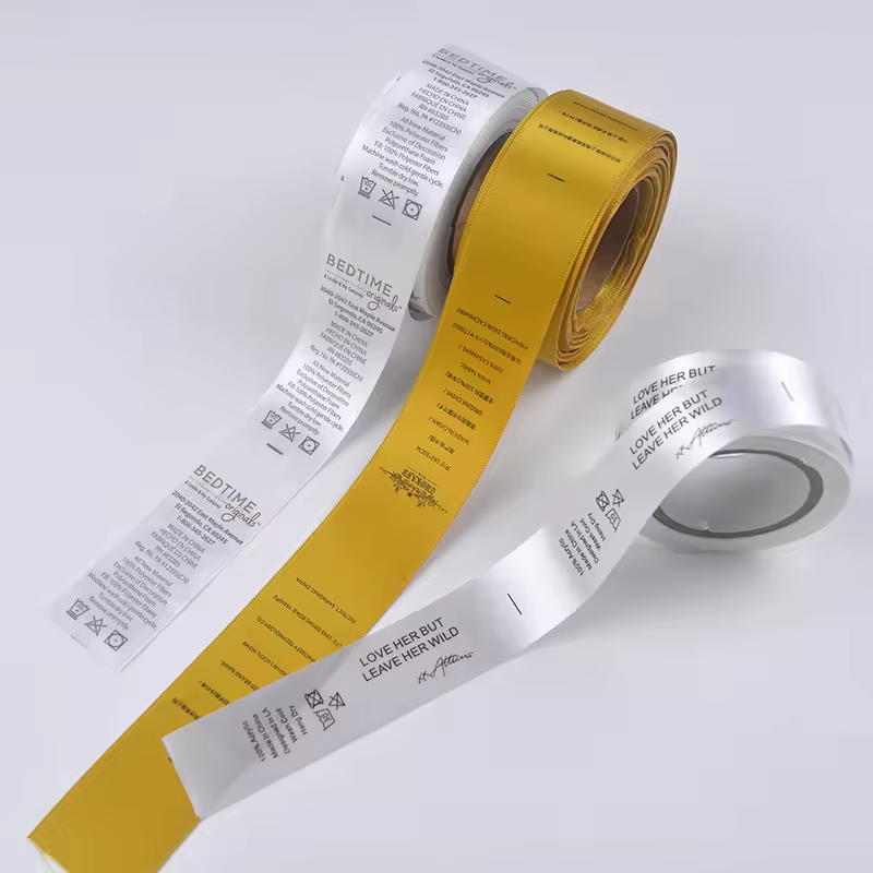 Custom Eco-Friendly Printed Labels Clothing Garment White Soft Cotton Ribbon Nylon Taffeta Satin Wash Care Label For Garment